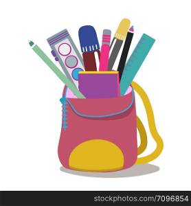 Back to school concept, flat design. Paints, crayons, pencils and school supplies in backpack.. School supplies in backpack on white background.