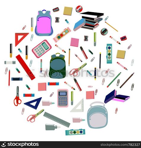 Back to school concept, flat design. Pastel colors backpack, paints, crayons, pencils and school supplies in round shape.. Pastel colors backpack, paints, crayons, pencils and school supplies in round shape.