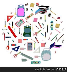 Back to school concept, flat design. Pastel colors backpack, paints, crayons, pencils and school supplies in round shape.. Pastel colors backpack, paints, crayons, pencils and school supplies in round shape.