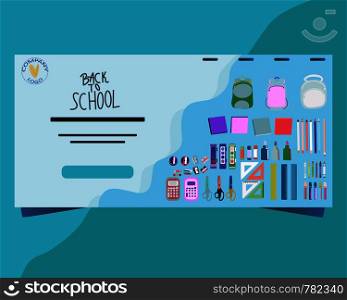Back to school concept, flat design. Template for banner, poster, web. Landing page with backpack, paints, crayons, pencils and school supplies. Vector. Landing page with bright color backpack, paints, crayons, pencils and school supplies.