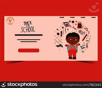 Back to school concept, flat design. Template for banner, poster, web. Landing page with school boy and school supplies. . Landing page back to school with school boy and school supplies.