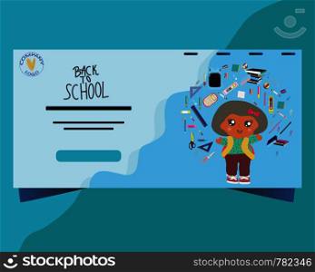 Back to school concept, flat design. Template for banner, poster, web. Landing page with school girl and school supplies. . Landing page back to school with school girl and school supplies.