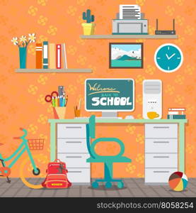 Back to school concept. Girl workspace with desk, computer, bycicle, books, backpack etc. Child room interior. Vector flat cartoon illustration