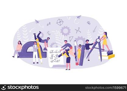 Back to School Concept. Group of Students in college do the Test at Examination. Schoolchildren are ready to learn. Cartoon flat Design, Isolated Vector Illustration. Back to School Concept. Group of Students in college do the Test at Examination. Schoolchildren are ready to learn