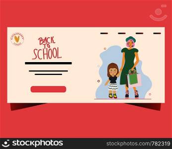 Back to school concept. Landing page with mother daughter walking to school. . Landing page with mother daughter walking to school.