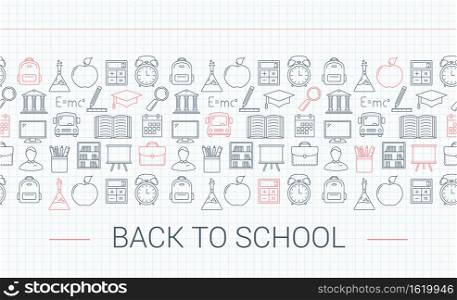 Back to school concept, line icons in copybook, vector eps10 illustration. Back To School Concept