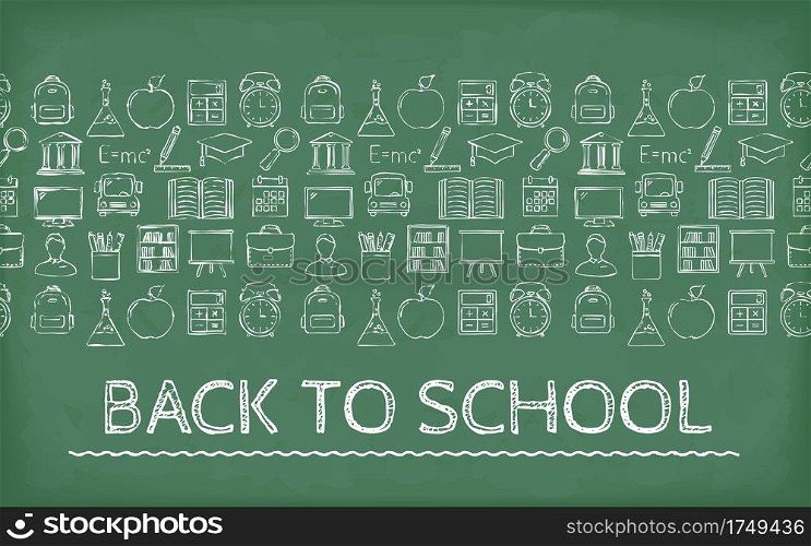 Back to school concept, line icons on blackboard, vector eps10 illustration. Back To School Concept