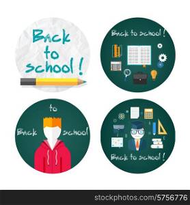 Back to school concept with item icons. Book calculator briefcase. Back to school concept text on chalkboard with student