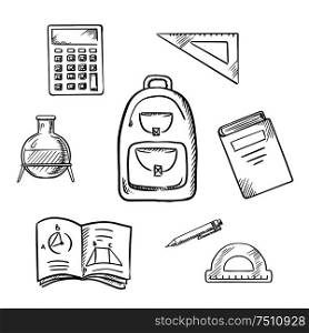 Back to school concept with school backpack, book, calculator, notebook, exercise book, pencil, chemical laboratory flask, triangle ruler and protractor. Sketch icons