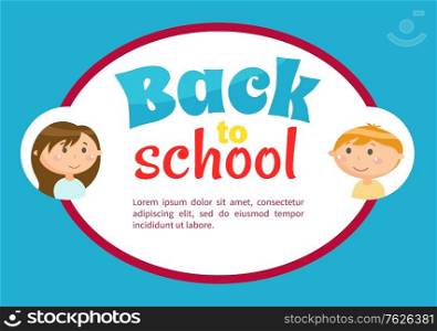 Back to school design of page decorated by heads of boy and girl in round icon. Education blue board with stickers of children, study time vector. Back to school concept. Flat cartoon. Education Board, Back to School, Pupils Vector