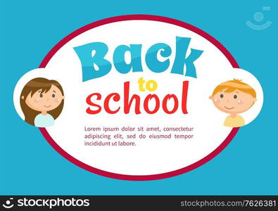 Back to school design of page decorated by heads of boy and girl in round icon. Education blue board with stickers of children, study time vector. Back to school concept. Flat cartoon. Education Board, Back to School, Pupils Vector