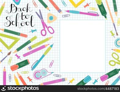 Back to school design template. Frame of stationery goods.. Back to school design template. Frame of stationery goods. Vector illustration.