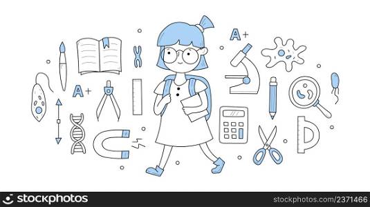 Back to school doodle concept. Student girl with backpack and textbook in hand walking to class with educational icons around. Little pupil ready for studying and learning Line art vector illustration. Back to school doodle concept with student girl