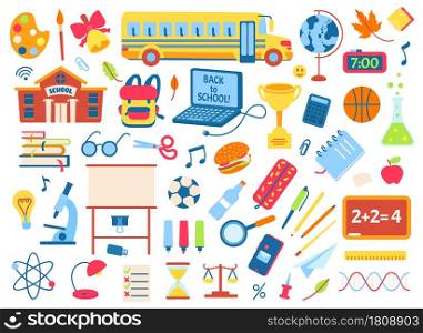 Back to school doodle elements, cute kids stickers. Backpack, books, pencils, notebook. Education, school stationery doodles vector set. Learning mathematics, chemistry on chalkboard. Back to school doodle elements, cute kids stickers. Backpack, books, pencils, notebook. Education, school stationery doodles vector set