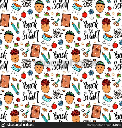 Back to school. Doodle seamless pattern with funny kids. Autumn background.. Back to school. Doodle seamless pattern with funny kids. Autumn background