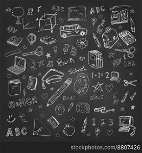 Back to school doodles in chalkboard background vector image
