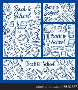 Back to School education and study supplies pattern on checkered notepad background. Vector Back to School student bag, biology microscope or computer laptop and geography globe or math calculator. Back to School, education supplies on notepad
