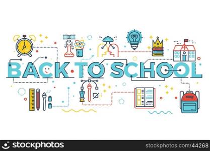 Back to school, education concept word lettering design illustration with line icons and ornaments in blue theme