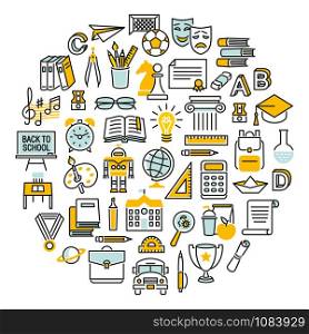 Back to school education icon set in line style circle tamplete. Logo, pictogram, design infographic elements