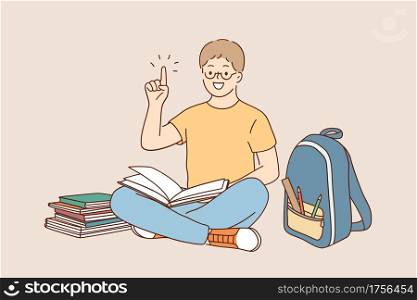 Back to school, education, learning concept. Little happy boy in glasses doing homework at home with backpack full of books and pencils vector illustration . Back to school, education, learning concept
