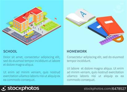 Back to School Education Posters with Isolated 3D. Back to school education posters with isolated 3d vector of building, textbooks and stationery equipment. Cartoon style educational institution