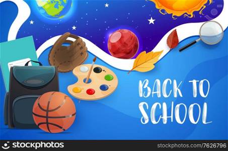 Back to school education vector classes items and galaxy planets background. Back to school student education books, school bag, watercolor brush and magnifier with galaxy planets and sun. Back to school, education items and planets