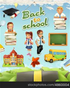 Back to school. Education vector icon set. Funny cartoon characters and objects on background