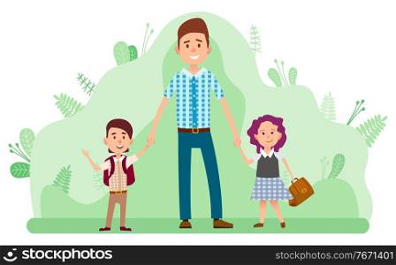 Back to school, father and two happy kids with backpacks isolated on backdrop with green leaves. Vector children come back to study in kindergarten. Back to School, Father and Two Kids with Backpacks