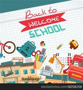 Back to school flat cartoon design modern vector illustration background with education things on checkered paper