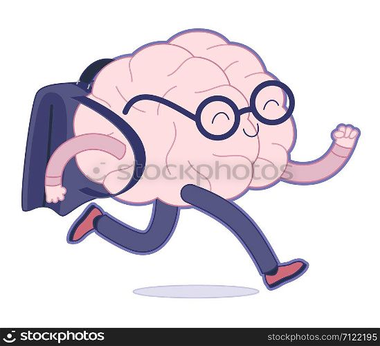 Back to school flat cartoon vector illustration - a brain wearing glasses running with a schoolbag. Part of a Brain collection.. Back to school, Brain collection