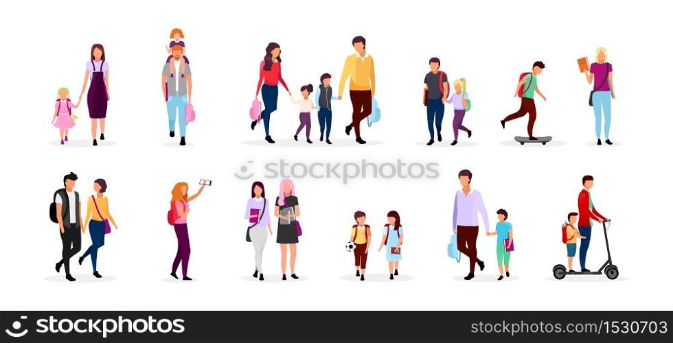 Back to school flat vector illustrations set. Preteen and teenage schoolkids. Parents with kids, schoolmates, friends cartoon characters isolated on white background. Schoolboys and schoolgirls