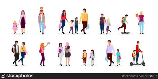 Back to school flat vector illustrations set. Preteen and teenage schoolkids. Parents with kids, schoolmates, friends cartoon characters isolated on white background. Schoolboys and schoolgirls