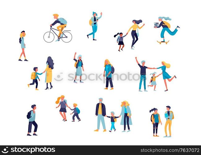 Back to school flat vector illustrations set. Preteen and teenage schoolkids. Parents with kids, schoolmates, friends cartoon characters isolated on white background. Schoolboys and schoolgirls. Back to school cartoon people set. Preteen and teenage schoolkids. Parents with kids characters going to school on white background