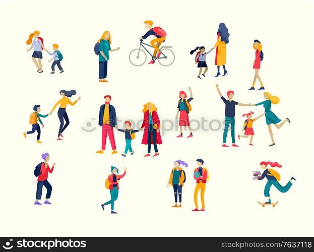 Back to school flat vector illustrations set. Preteen and teenage schoolkids. Parents with kids, schoolmates, friends cartoon characters isolated on white background. Schoolboys and schoolgirls. Back to school cartoon people set. Preteen and teenage schoolkids. Parents with kids characters going to school on white background