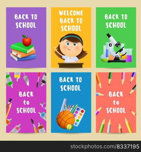 Back to school flyers with chemical flasks, microscope, student girl, books and paints. Set of posters with school supplies and text. Vector illustration can be used for banners, cards, ads, signs