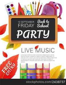 Back to school, free entry party flyer design with books, fall foliage and school supplies. Text can be used for leaflets, brochures, banners, posters