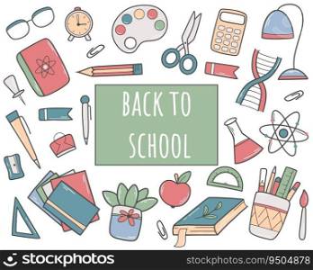 Back to school hand drawn ban≠r. Concept of training, beginning of≠w school year. School statio≠ry set of supplies and objects, dood≤sty≤vector illustration. Back to school hand drawn ban≠r