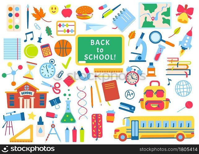 Back to school hand drawn elements, school supplies doodles. Books, notebooks, chalkboard. Children school education stickers vector set. Yellow bus for pupils, blackboard with text. Back to school hand drawn elements, school supplies doodles. Books, notebooks, chalkboard. Children school education stickers vector set