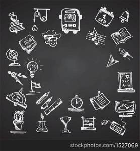 Back to school. Hand drawn school icons and symbols on chalkboard. With place for your text Vector illustration. Back to school. Hand drawn school icons and symbols on chalkboard. With place for your text