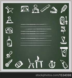 Back to school. Hand drawn school icons and symbols on chalkboard. With place for your text Vector illustration. Back to school. Hand drawn school icons and symbols on chalkboard. With place for your text
