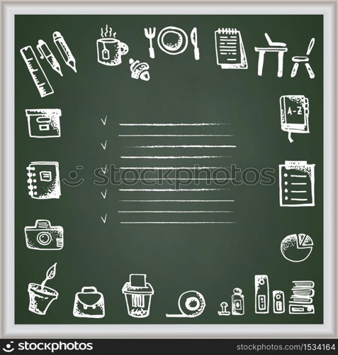 Back to school. Hand drawn school icons and symbols on chalkboard. With place for your text Vector illustration. Back to school. Hand drawn school icons and symbols on chalkboard. With place for your text