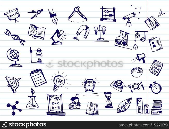 Back to school. Hand drawn school icons and symbols on notebook page. With place for your text Vector illustration. Back to school. Hand drawn school icons and symbols on notebook page. With place for your text