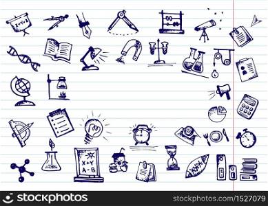 Back to school. Hand drawn school icons and symbols on notebook page. With place for your text Vector illustration. Back to school. Hand drawn school icons and symbols on notebook page. With place for your text