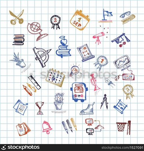 Back to school. Hand drawn school icons and symbols on notebook page. Vector illustration. Back to school. Hand drawn school icons and symbols on notebook page.