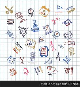 Back to school. Hand drawn school icons and symbols on notebook page. Vector illustration. Back to school. Hand drawn school icons and symbols on notebook page.