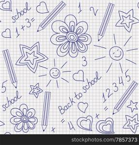 Back to school. Hand-drawn seamless pattern on a squared notebook sheet