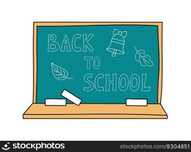 Back to School hand drawn words written on chalkboard. Cartoon class green board isolated. Design doodle elements. Vector illustration.. Back to School hand drawn words written on chalkboard. Cartoon class green board isolated. Design doodle elements. Vector illustration
