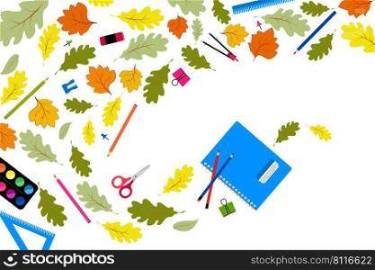 Back to school horizontal banner frame with autumn leaves, compasses, colored crayons, erasers, scissors, paper clips, sharpeners, ruler, push pin, watercolor,  pen