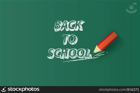 Back to school Horizontal banner hand-drawing on chalkboard.Creative learning pencil design paper cut and craft for School concept ideas.Sketch on the blackboard. Vector minimal green background.