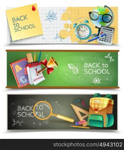 Back To School Horizontal Banners Set. Back to school 3 horizontal banners set with chalkboards textbooks and sport lessons accessories isolated vector illustration